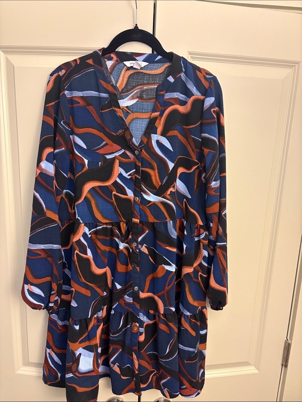 Nine West Navy Blue & Rust Abstract Tiered Button-Front Dress